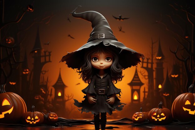 Witch and dark castle haunted in moonlight forest at night Halloween festival pumpkins background Created with Generative Ai Technology
