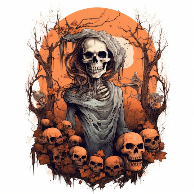 ведьма смерть тыквы портрет Хэллоуин иллюстрация страшный ужас дизайн татуировки изолированная фантазия