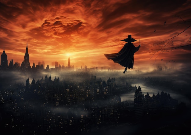 A witch flying across a spooky skyline