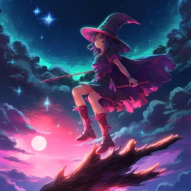 Witch flying on a branch with a broom and a hat generative ai