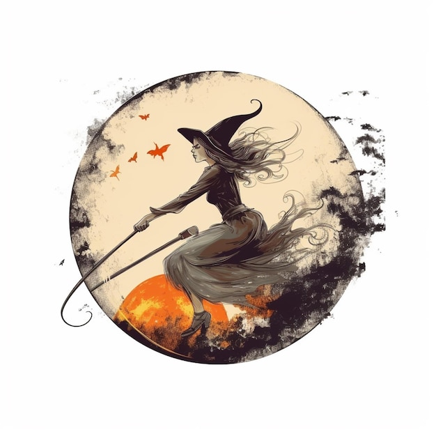 Witch flying on a broom with a full moon in the background generative ai