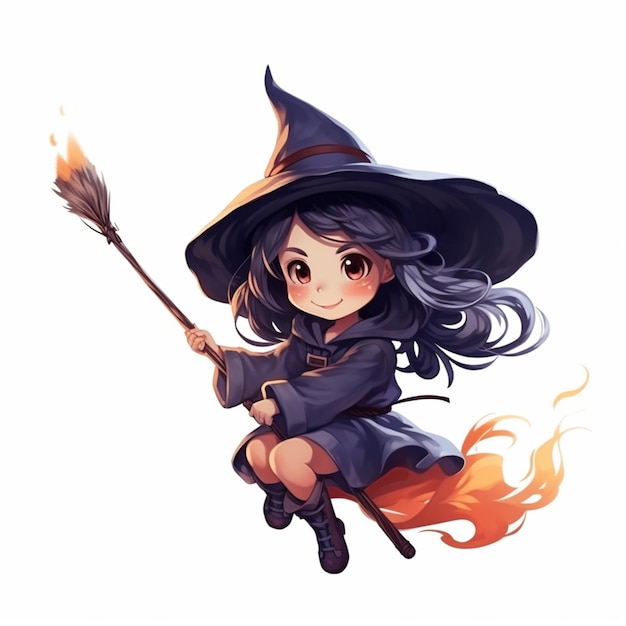 witch flying on a broom with a hat and a wand generative ai