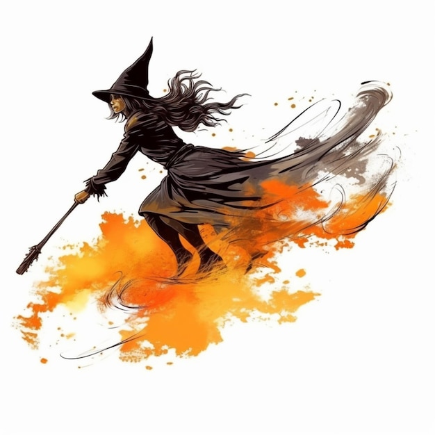 Witch flying on broom with orange smoke and splats generative ai