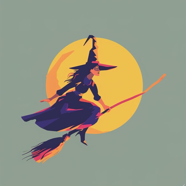 Photo a witch flying on a broom with a yellow moon behind it