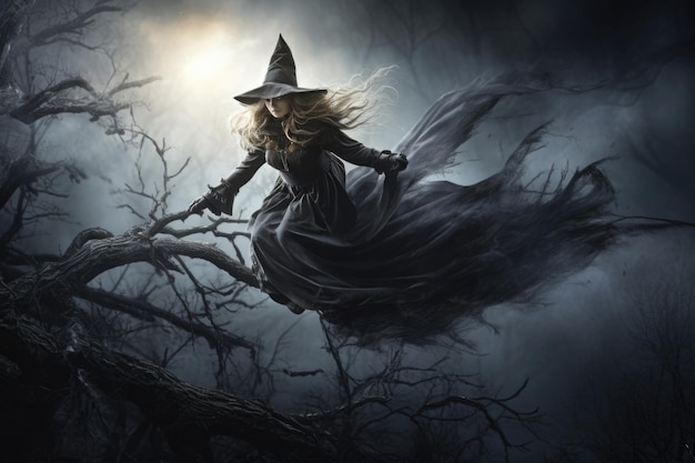 witch flying over a dark forrest