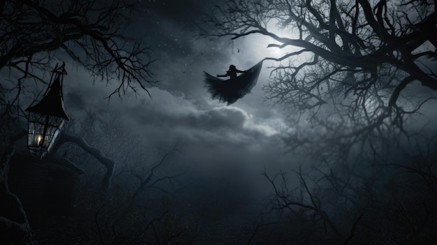 Witch Flying Over Enchanted Forest