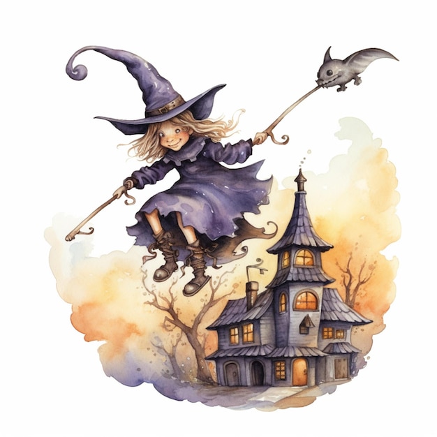 Witch flying over a house with a broom and a bat generative ai