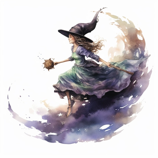 witch flying through the air with a broom and a star generative ai