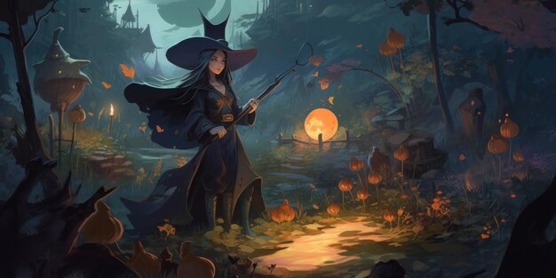 A witch in a forest with pumpkins on the ground