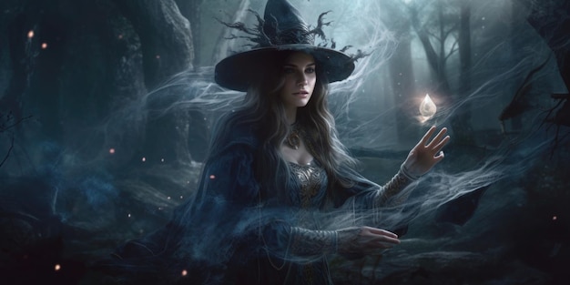 A witch in a forest with a torch in her hand