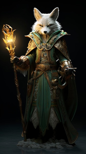 witch fox making magic high ornamented green and golden armor