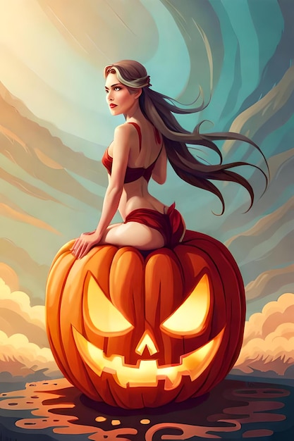 A witch girl sitting on a pumpkin celebrating halloween