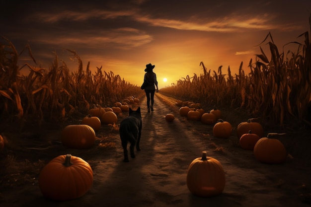 Photo witch girl walks through a pumpkin patch at sunset