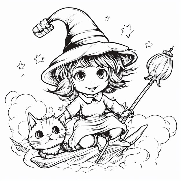 Witch girl with a cat with a broom coloring book for kids