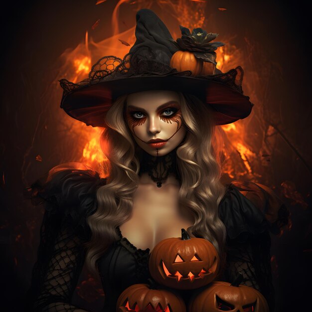 Witch Girl with halloween costume jack o lantern pumpkins decorations Halloween party background