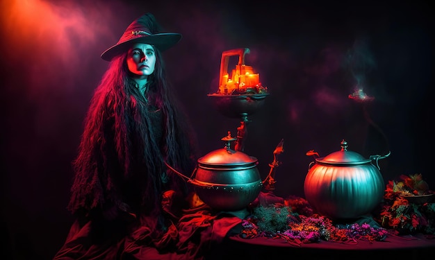 A witch in a halloween costume sits in a dark room with a lit up orange pumpkins.