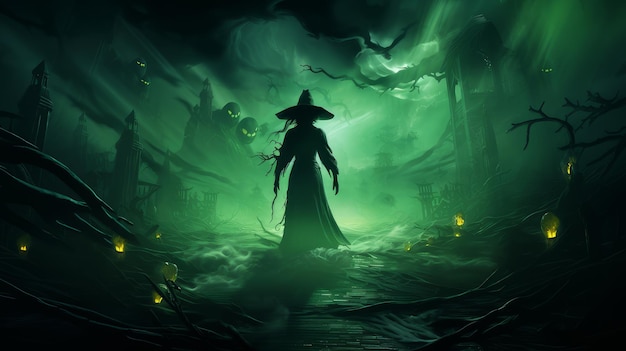 witch at halloween night in a swamp in the forest