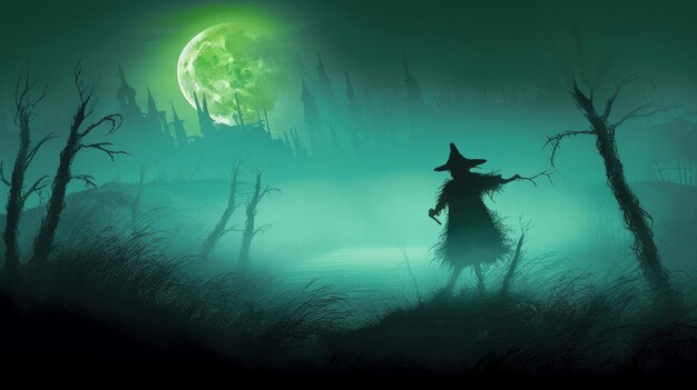 witch at halloween night in a swamp in the forest