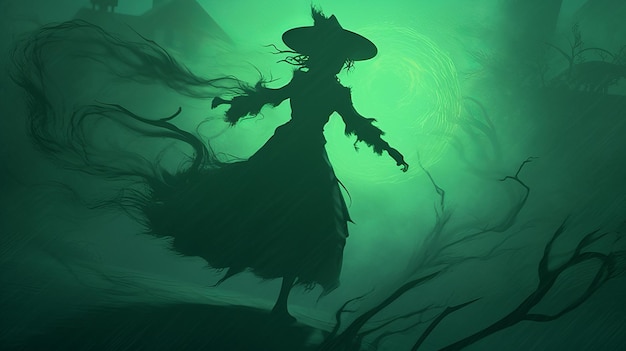 Witch at halloween night in a swamp in the forest