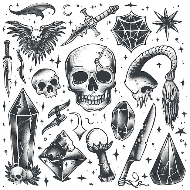 Witch hand drawn magic element doodle witchcraft crystal skull knife mystery tattoo sketch modern illustration icons set Witch esoteric alchemy elements magic and witchcraft