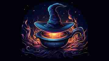 Photo witch hat and cauldron on dark blue background