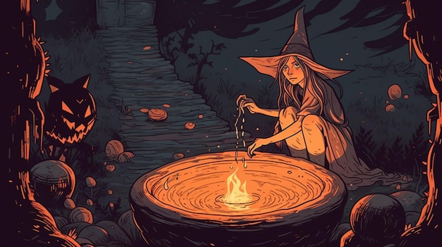 A witch in a hat sits in a cauldron with a fire in the background.