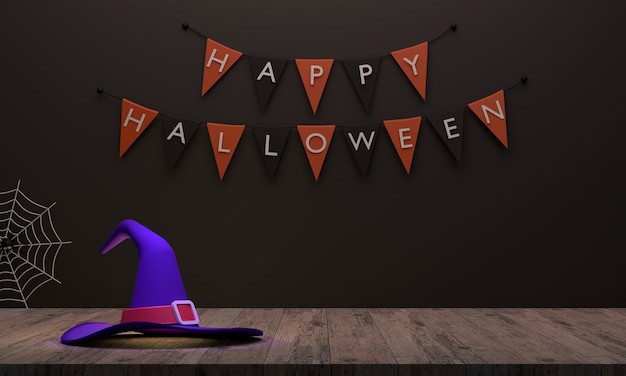 Witch hat on the wooden floor And there is a flag background as if preparing for a Halloween party