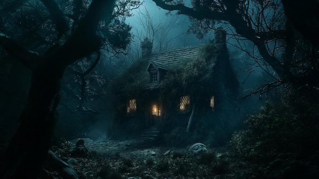 마녀의 유령집 신비로운 오래된 오두막 어두운 마법의 숲 속