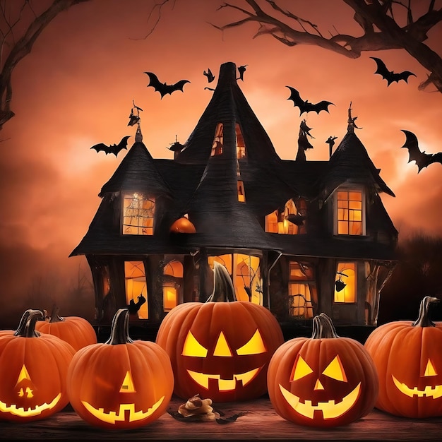 Witch Haunted House licht pompoenen vleermuizen Halloween Holiday Design angstaanjagend pompoen hoofd