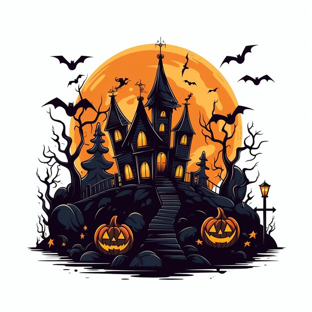 Witch Haunted House Pumpkins Bats Halloween Holiday Design Scary pumpkin head Generative Ai