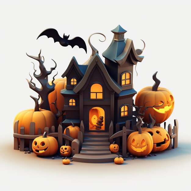 Witch Haunted House Pumpkins Bats Halloween Holiday Design Scary Pumpkin Head Generative Ai