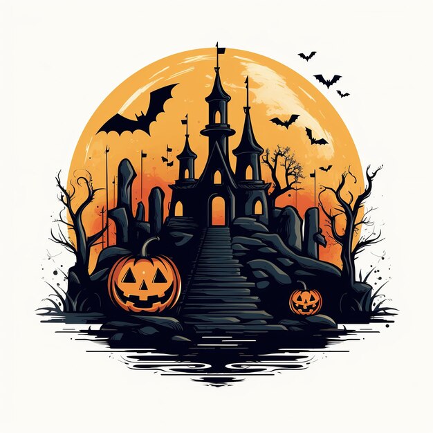 Witch Haunted House Pumpkins Bats Halloween Holiday Design Scary pumpkin head Generative Ai