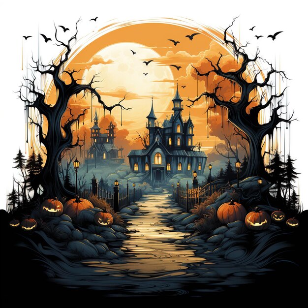 Witch Haunted House Pumpkins Bats Halloween Holiday Design Scary pumpkin head Generative Ai