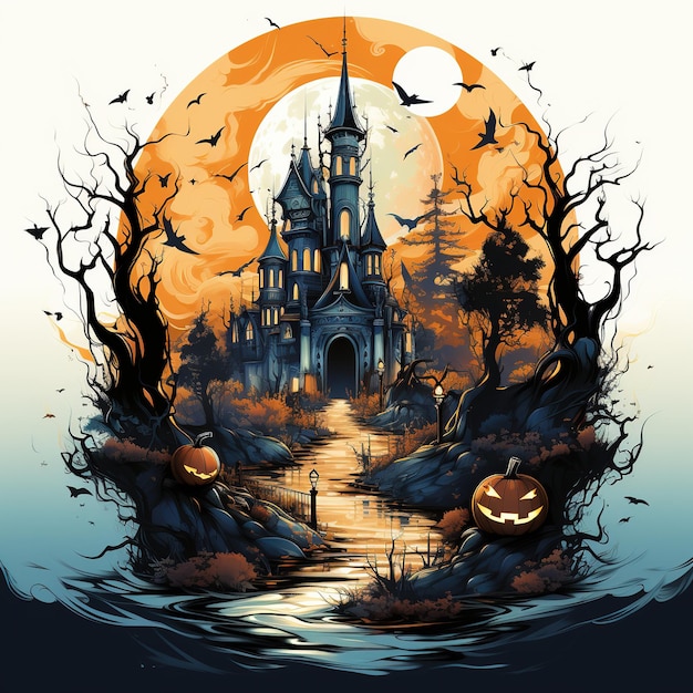 Witch Haunted House Pumpkins Bats Halloween Holiday Design Scary pumpkin head Generative Ai