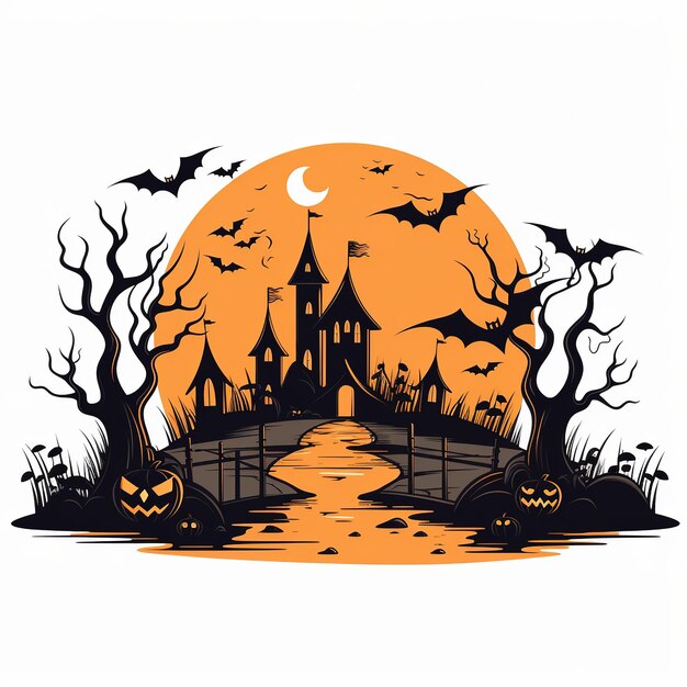 Witch Haunted House Pumpkins Bats Halloween Holiday Design Scary Pumpkin Head Generative Ai