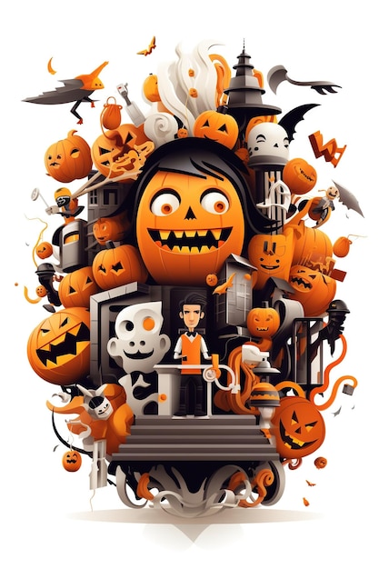 Witch Haunted House Pumpkins Bats Halloween Holiday Design Scary pumpkin head Generative Ai