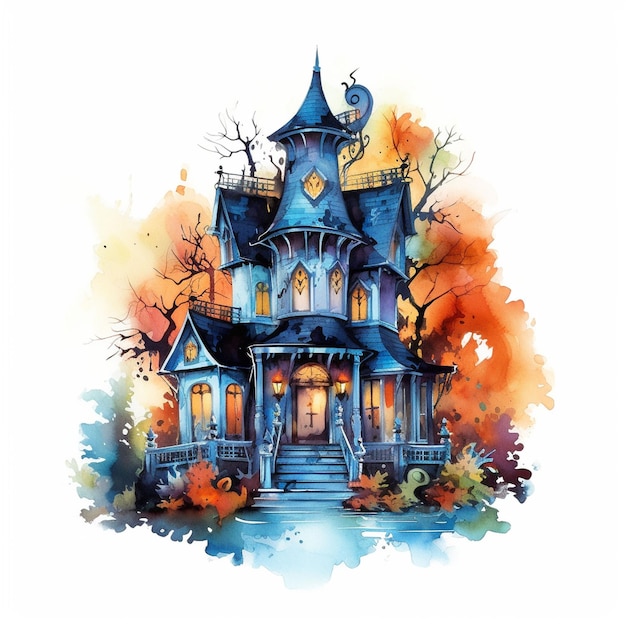 Photo witch haunted house pumpkins bats halloween holiday design scary pumpkin head