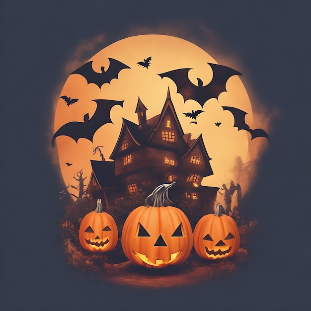 Witch Haunted House Pumpkins Bats Halloween Holiday Design Scary pumpkin tshirt design