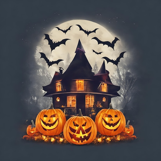 Witch Haunted House Pumpkins Bats Halloween Holiday Design Scary pumpkin tshirt design