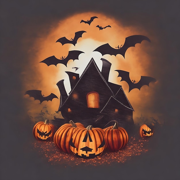 Witch Haunted House Pumpkins Bats Halloween Holiday Design Scary pumpkin tshirt design