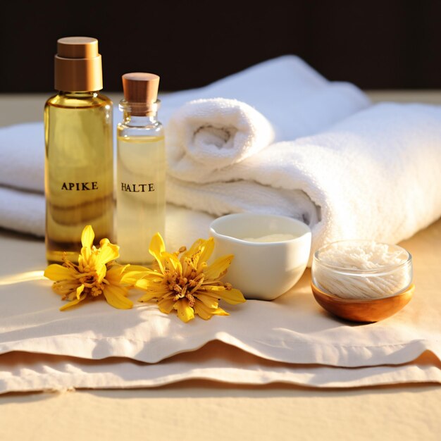 Photo witch hazel products displayed on a towel with copyspace