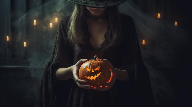 A witch holding a pumpkin