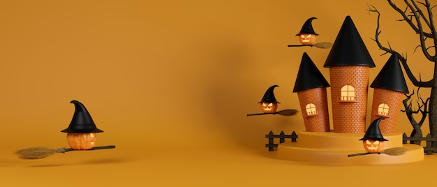 witch house and pumpkins witches frying with broom on yellow background halloween concept 3d rendering