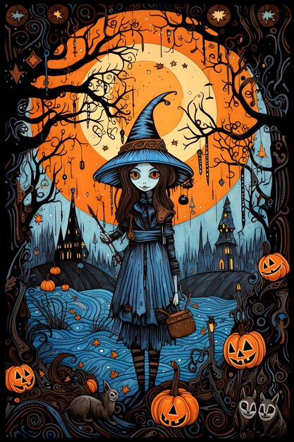 Photo a witch is standing in front of a pumpkin patch