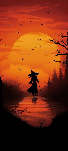 a witch is standing on a lake with the words witch on it