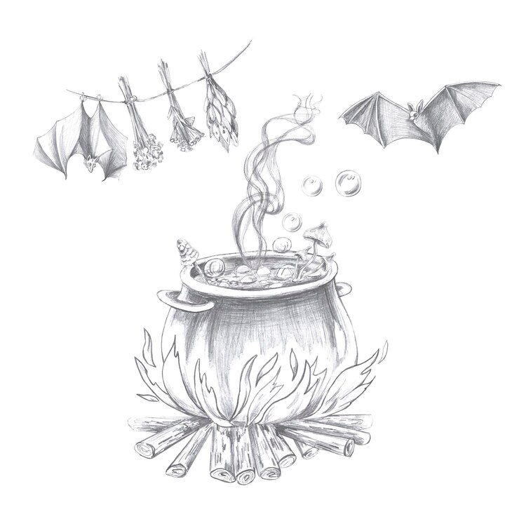 Photo witch near a cauldron with a magic potion isolated pencil illustration for coloring books postcards