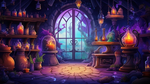 witch potion room 2d cartoon illustration ai generative