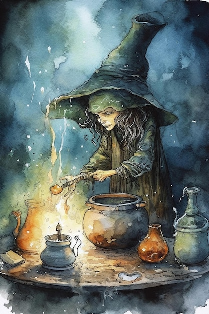 Ведьма готовит волшебное зелье в чайнике.