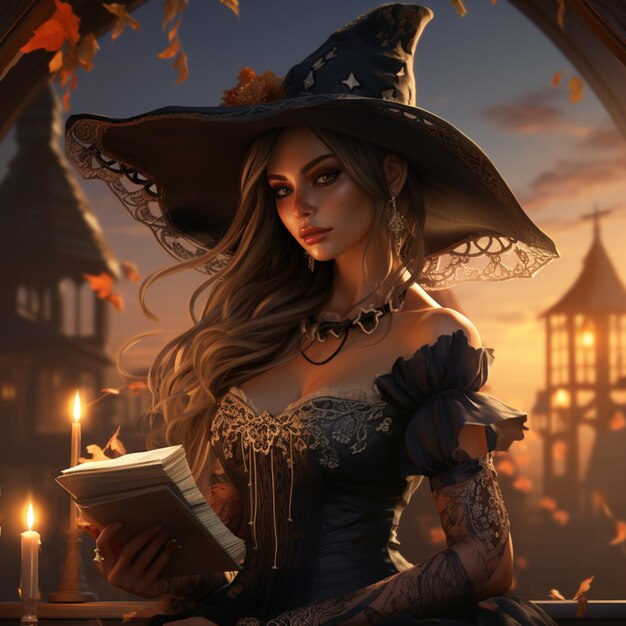 witch reading a book in front of a castle with candles generative ai