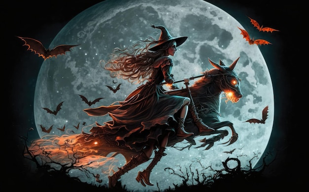 A witch riding a broom with bats and a moon in the background